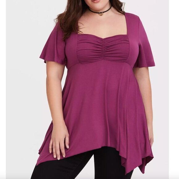 TORRID 1 Plus Size Babydoll Super Soft Ruched Sweetheart Neck Sharkbite Hem Top - Picture 3 of 16
